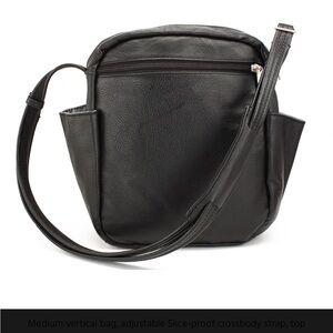 DayMakers Santa Barbara Black Leather Crossbody. Anti-theft. 7 pockets. Travel.